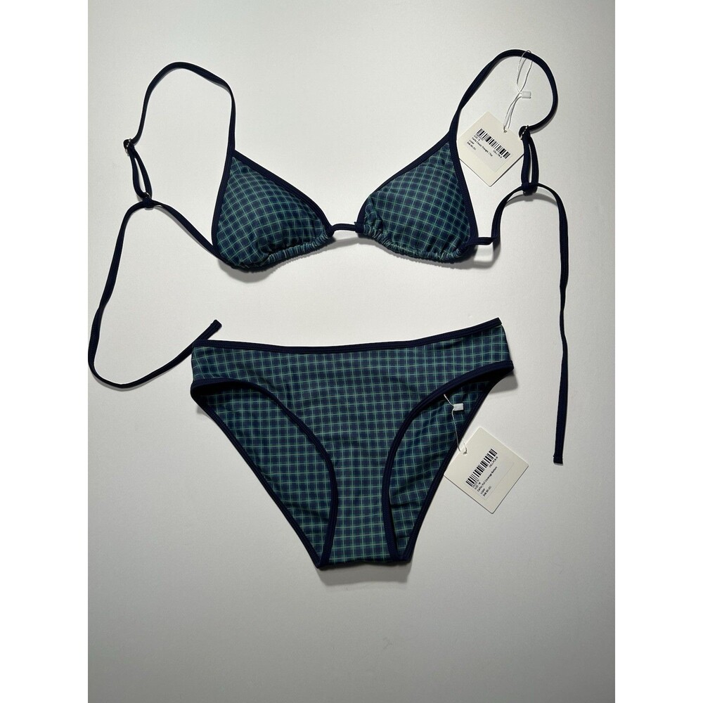 Honey Swim Callie String Bikini Top Size S Full Bottom Size M Navy Green Plaid